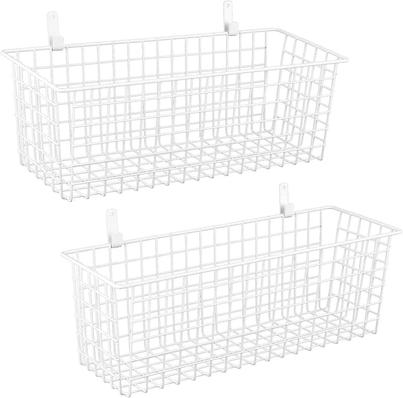 2 Sets Extra Large Hanging Wall Basket, White Metal Wire Baskets with Steel Hooks for Organizing, WallmountedFruit Vegetable Toy Snack Storage, Home Kitchen Bathroom Laundry Pantry Organizer by GreenHaven Gardens