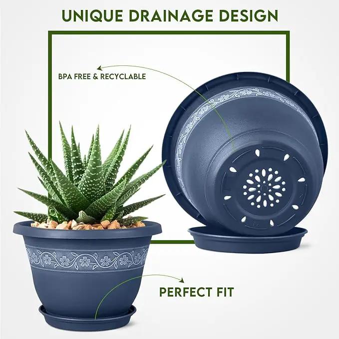10 Inch Plant Pots with Drainage Hole - Lightweight Flower Pots for Herbs and Flowers - Home Decor Plastic Planters for Indoor Outdoor Plants- Pack of 4 (Blue, 10 inch) by GreenHaven Gardens