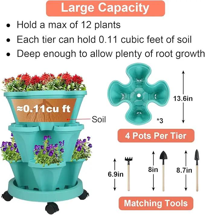 Vertical Planter 3 Tier Stackable Planters Garden Planters Strawberry Herb Flower and Vegetable Planter Indoor Outdoor Gardening Pots with Removable Wheels and Tools by GreenHaven Gardens