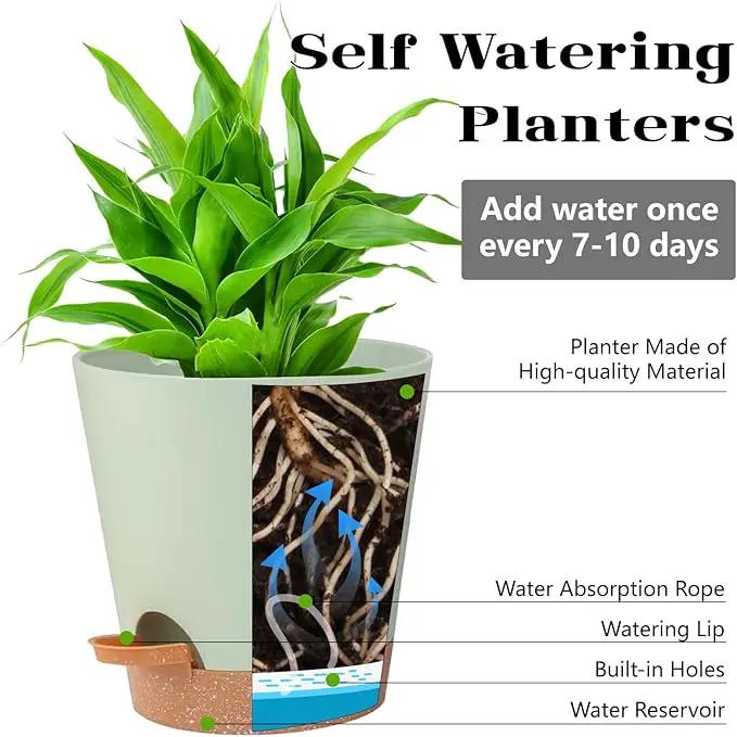 Self Watering Pots, Flower Planting Pots for Indoor Outdoor Plants, African Violet, Flowers, Succulent,Cactus Plant Pots with Drainage Holes Green Plastic Pots Gift Idea For Lazy people House Decor by GreenHaven Gardens
