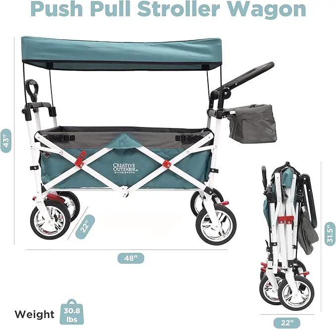 Creative Outdoor Wagon for Kids Push Pull Collapsible Stroller Folding Cart | Silver Series | Beach Park Garden & Tailgate | Teal by GreenHaven Gardens