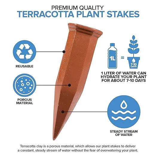 Modern Innovations Ceramic Terracotta Self Watering Spikes (10 Pack) Vacation Automatic Plant Waterer Devices, Indoor/Outdoor Planter Insert, Terra-Cotta Stakes for Potted Plants, Auto-Water System by GreenHaven Gardens