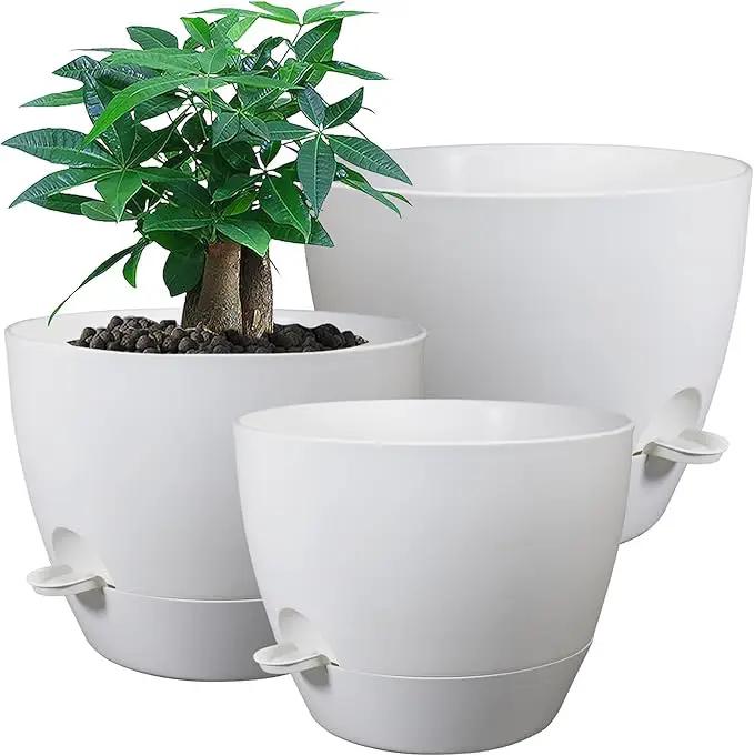 Large Self Watering Pots, 12/10/9 Plastic Planters with High Drainage Holes and Deep Reservoir for Indoor Outdoor Garden Plants and Flowers, White by GreenHaven Gardens