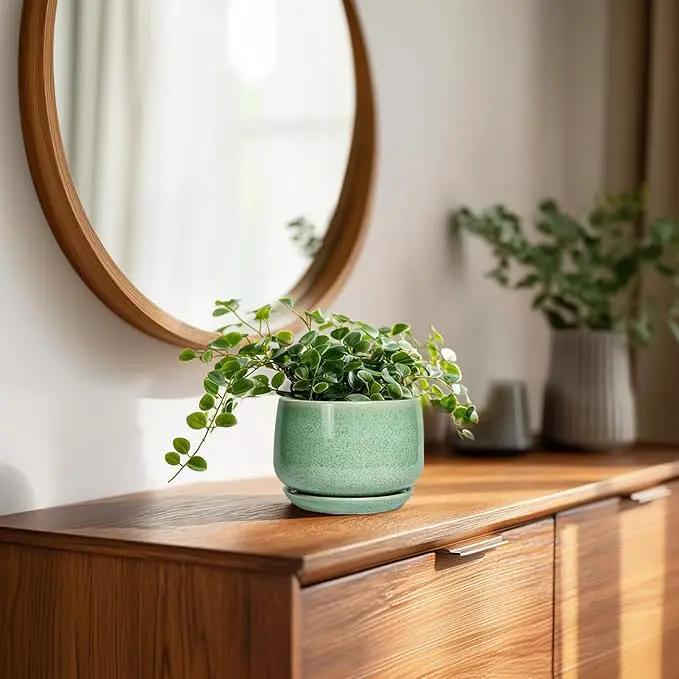 G EPGardening Ceramic Plant Pot - 4 inch Plant Pots with Drainage Hole & Saucer, Small Pots for Plant Indoor Outdoor, Modern Round Planter, Decorative Flower Pot, Room Decor, House Warming Gift, Green by GreenHaven Gardens