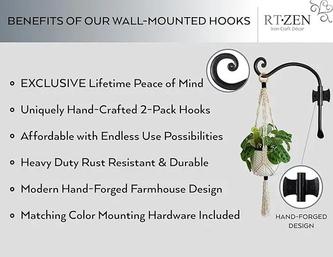 RTZEN Plant Hangers Outdoor or Indoor - Wrought Iron Metal Hanger Indoor Hook - Heavy Duty Wall Bracket Hooks for Hanging Plants Baskets Lanterns Wind Chimes - 2 Pack (Black Axe-Shape Hooks) by GreenHaven Gardens