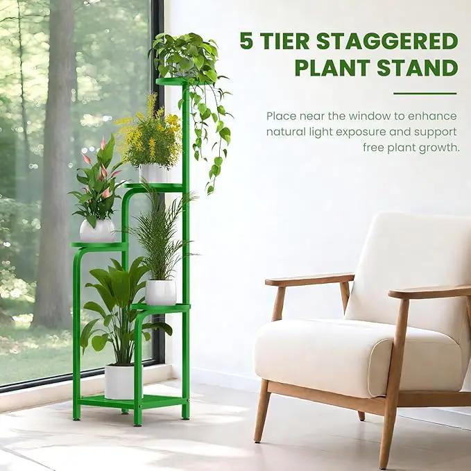 TOSKING 5 Tier Tall Plant Stand Indoor Outdoor, Heavy Duty Corner Shelf for Plants & Decor, Space Saving 3.9FT Metal Flower Pot Stand for Balcony, Garden, Living Room, Patio (Green) by GreenHaven Gardens