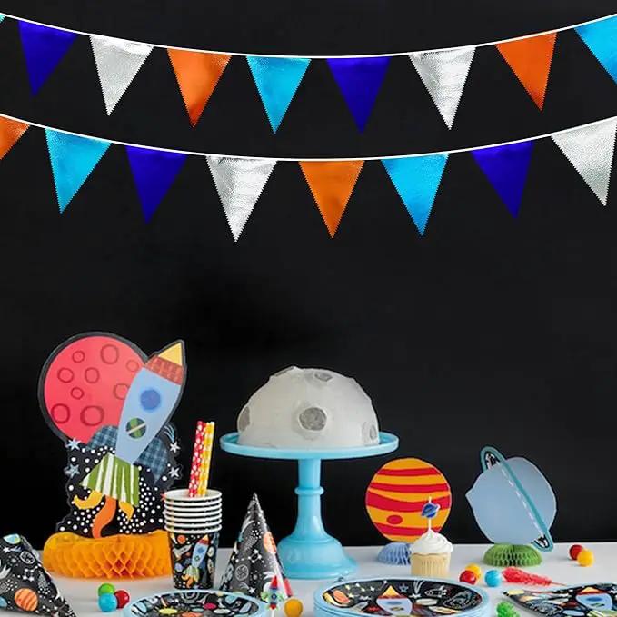Orange Blue Silver Party Decorations Metallic Fabric Triangle Pennant Banner Flag Bunting Garland for Space Theme Birthday Wedding Bridal Shower Baby Shower Engagement Graduation Party Supplies by GreenHaven Gardens