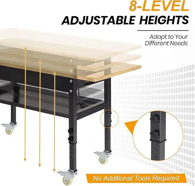 48"/60'' Adjustable Workbench, Rubber Wood Top Work Bench Heavy-Duty Work Table with Power Outlet, Wheels, Partition 2000 LBS Load Capacity Hardwood Work Benches for Garage, Workshop, Home, Office by GreenHaven Gardens