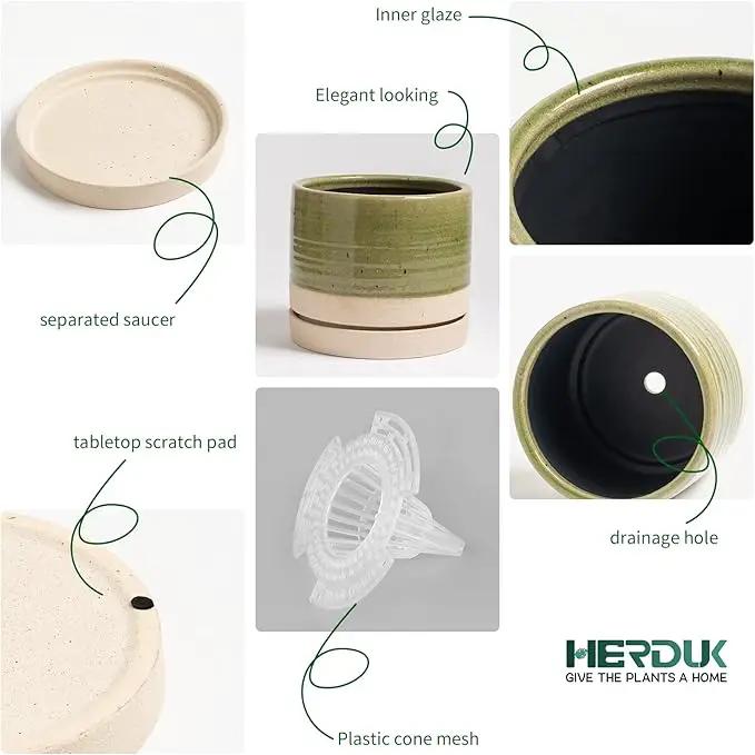 6 Inch Plant Pots, Ceramic Planter Pot with Drainage Hole & Saucer, Indoor/Outdoor Cylinder Round Planter Pot, Green & Beige by GreenHaven Gardens