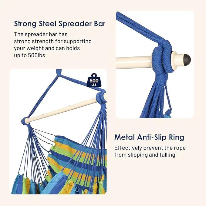 Highwild Hammock Chair Hanging Rope Swing - Max 500 Lbs - Steel Spreader Bar with Anti-Slip Rings - for Any Indoor or Outdoor Spaces (Blue Striped) by GreenHaven Gardens