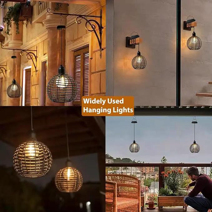 Hanging Solar Lantern Lights Waterproof, Outdoor Chandelier with G50 Warm White LED Bulbs, Black Rattan Globe Shades, Solar Decorative Lights for Patio Tree Pergola Gazebo Porch Garden-2Pack by GreenHaven Gardens