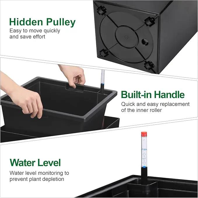 30" Tall Planters Set of 2, Outdoor＆Indoor Black Planter Pots, High Front Porch Planter Pots with Drainage Holes＆Water Level Monitor Movable Wheels ＆Inner Bucket, Automatic Watering,Black by GreenHaven Gardens