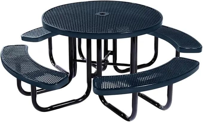 Heavy-Duty Portable Outdoor Picnic Table with Umbrella Hole, Punched Steel Commercial-Grade Patio Dining Furniture Made in America (46" Round Top, Dark Blue) by GreenHaven Gardens