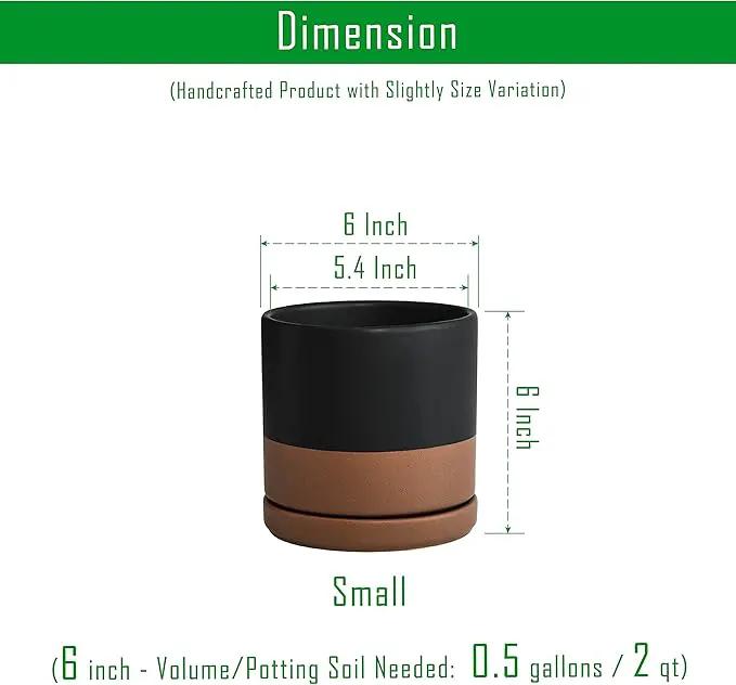 D'vine Dev 6 Inch Ceramic Planter Pot with Drainage Hole and Saucer, Indoor Cylinder Round Planter Pot, Black/Speckled Tan, 94-O-C-7 by GreenHaven Gardens