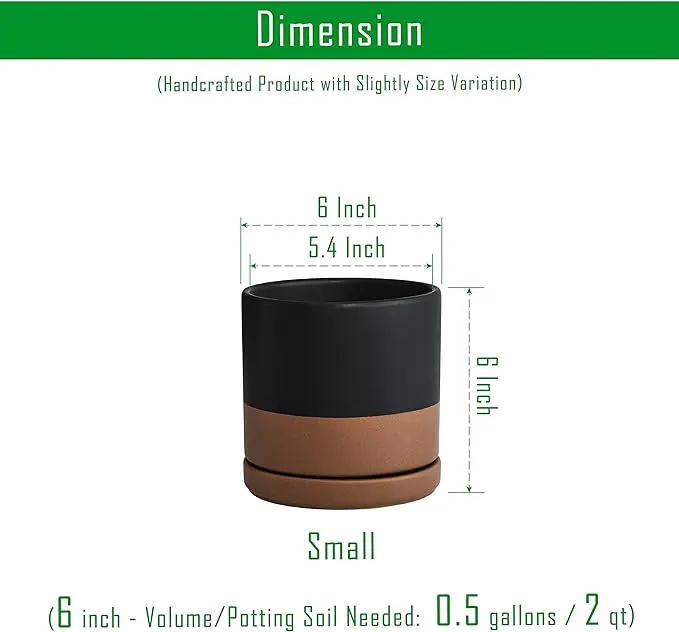 D'vine Dev 6 Inch Ceramic Planter Pot with Drainage Hole and Saucer, Indoor Cylinder Round Planter Pot, Black/Speckled Tan, 94-O-C-7 by GreenHaven Gardens