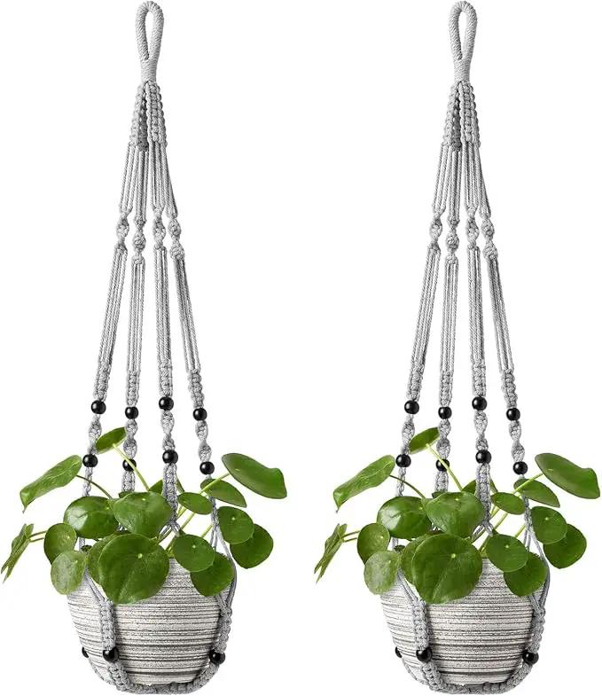 Mkono Macrame Plant Hanger Indoor Hanging Planter Basket with Wood Beads Decorative Flower Pot Holder No Tassels for Indoor Outdoor Boho Home Decor 35 Inch, Grey, Set of 2 (POTS NOT Included) by GreenHaven Gardens