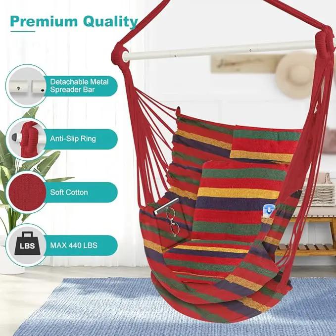 Outerman Hammock Chair, Hanging Chair with 3 Cushions and Foot Rest Support, Sturdy Metal Spreader Bar Max 440 Lbs, Swing Chair for Bedroom, Indoor & Outdoor, Patio, Porch or Tree（Red） by GreenHaven Gardens