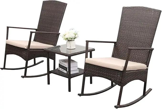 Outdoor Rocking Chair 3 Pieces High-Backed Rocking Chair Outdoor Patio Rocking Chairs Outdoor Table, Khaki by GreenHaven Gardens