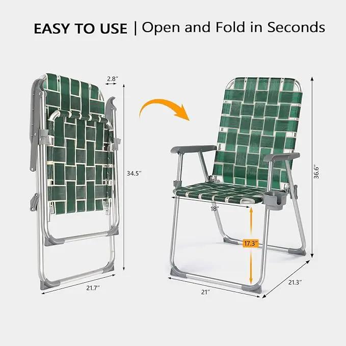 VINGLI Folding Aluminum Webbed Lawn Chairs with Detachable Cup Holder, High Beach Chair for Adults Heavy Duty, Portable Patio Chair, Camping Chair for Yard, Garden, 2 Pack by GreenHaven Gardens
