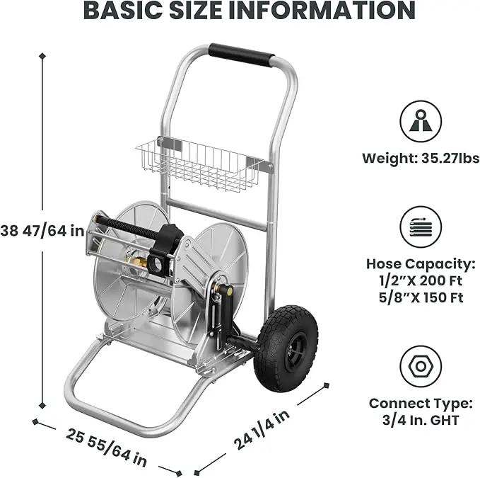 Giraffe Tools Garden Hose Reel Cart with Wheels, Stainless Steel Heavy Duty Water Hose Reel Cart, 200 ft of 1/2 Capacity, Mobile for Outside by GreenHaven Gardens