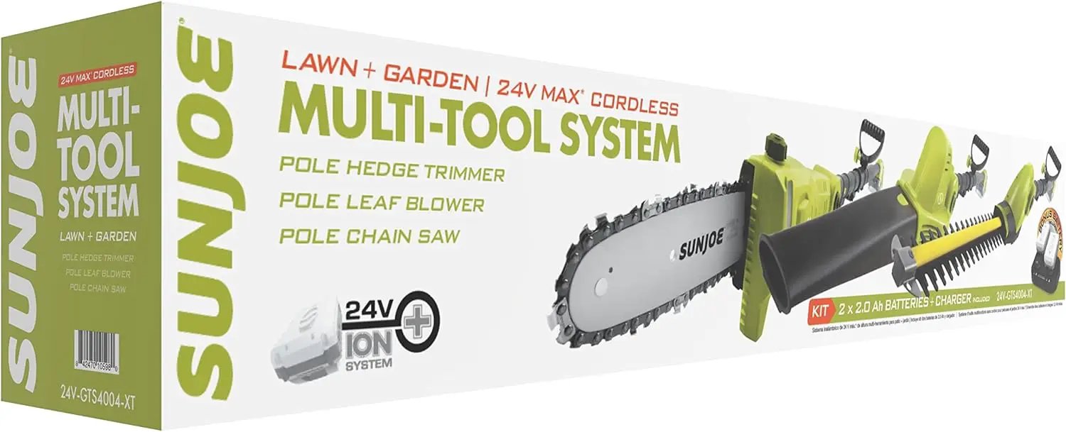 Sun Joe 24V-GTS4004-XT 24V IONMAX Blower,Hedge Trimmer & 8-in Pole Saw Kit w/2x24V 2.0-Ah Batt, Charger & Pole by GreenHaven Gardens