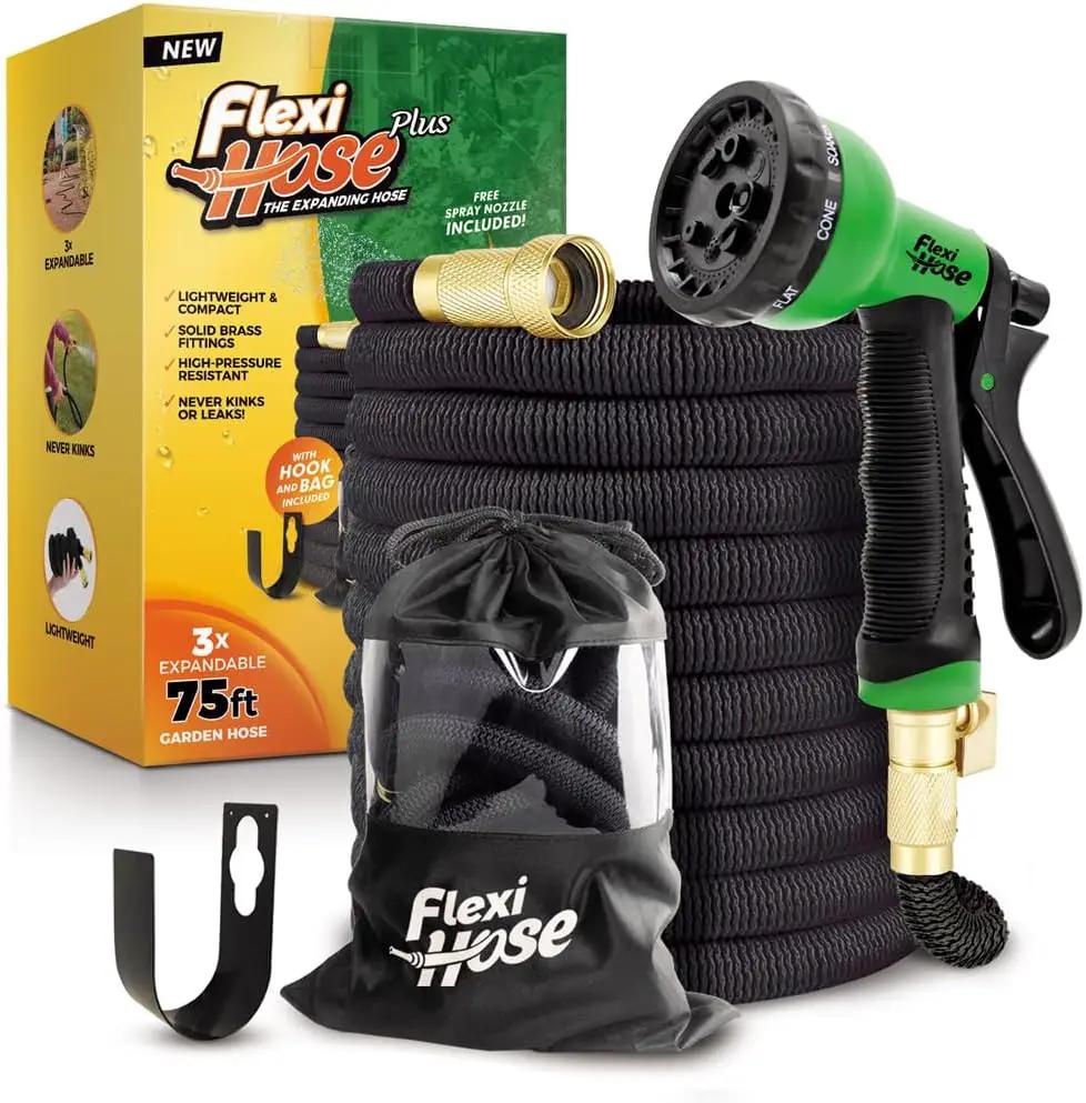 Flexi Hose PLUS with 8 Function Nozzle Expandable Garden Hose, Lightweight & No-Kink Flexible Garden Hose, 3/4 inch Solid Brass Fittings and Double Latex Core, 75 ft Black by GreenHaven Gardens