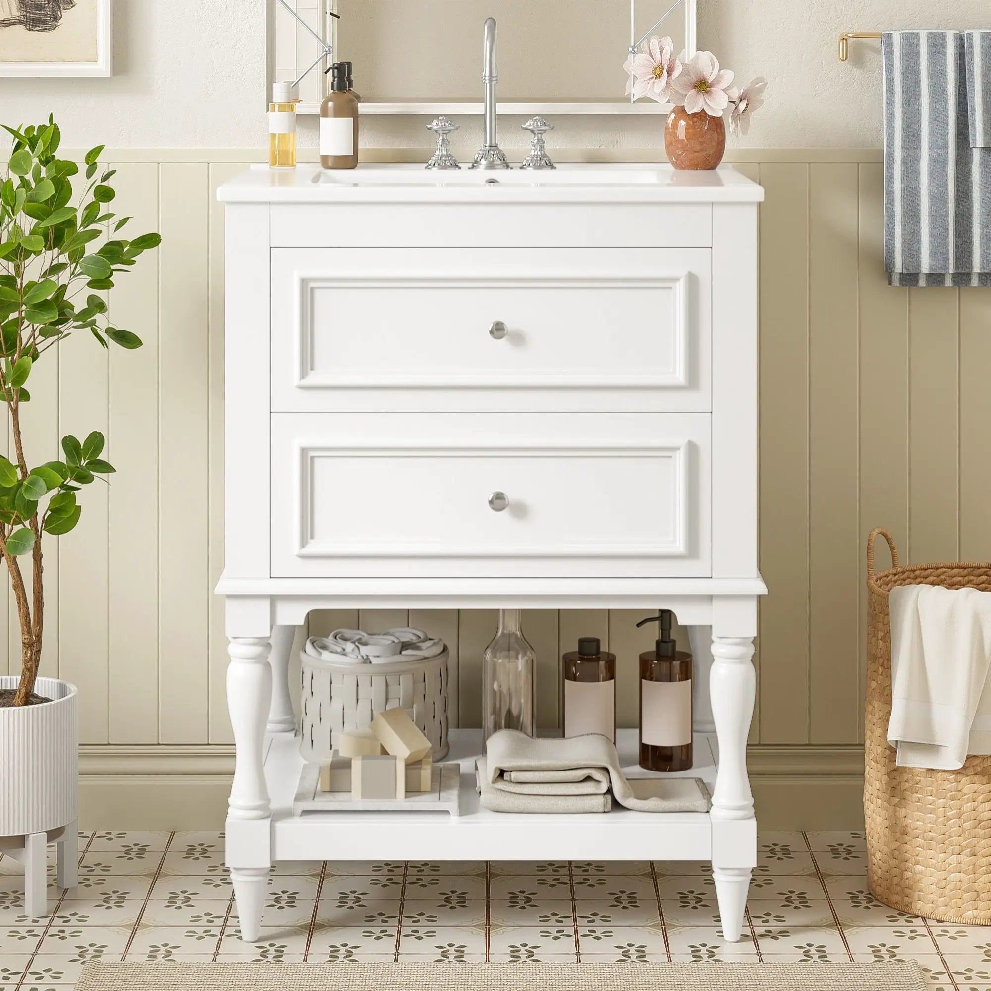 Bathroom Vanity With Sink, 2 Drawers Storage Cabinet, Open Shelf by Unique Piece Furniture