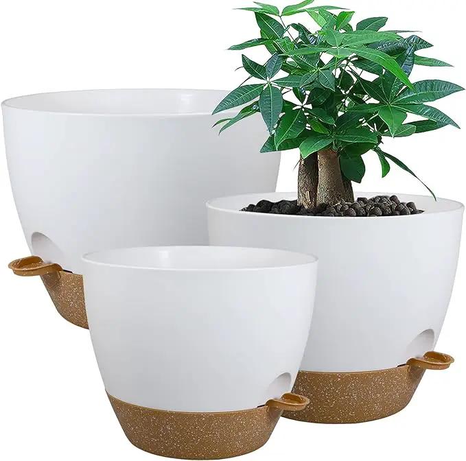 Large Self Watering Pots, 12/10/9 Plastic Planters with High Drainage Holes and Deep Reservoir for Indoor Outdoor Garden Plants and Flowers, White with Brown by GreenHaven Gardens