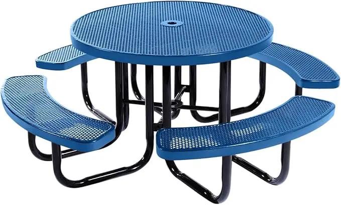 Coated Outdoor Furniture Heavy-Duty Portable Outdoor Picnic Table with Umbrella Hole, Punched Steel Commercial-Grade Patio Dining Furniture Made in America (46" Round Top, Textured Light Blue) by GreenHaven Gardens