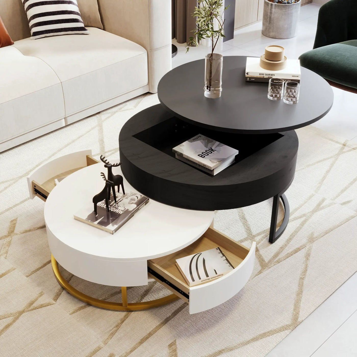 Modern Round Lift-Top Nesting Coffee Tables With 2 Drawers by HouseOfZazla