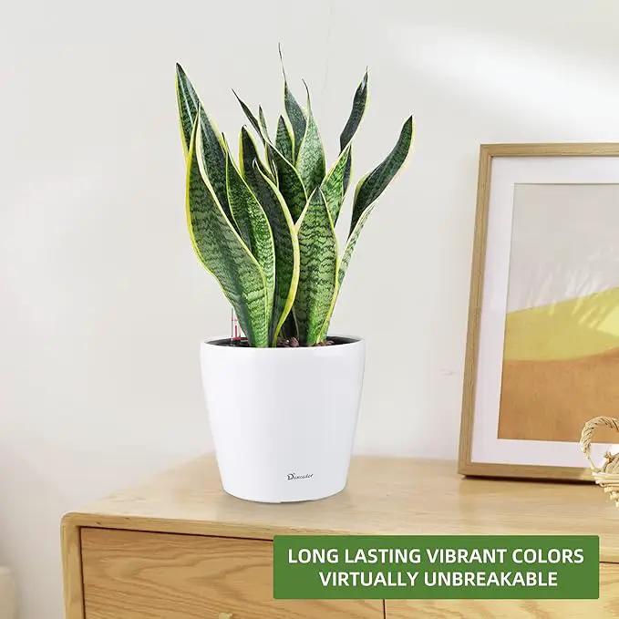 Dexceder 11x10 Inches High Gloss Self Watering Planter Indoor Outdoor, Inner Pot Design, Thickened Table Flower Plant Pot with Water Level Indicator (White) by GreenHaven Gardens