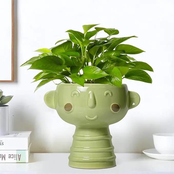 Face Planter Pots Head - 7 Inch Ceramic Succulent Plant Pots with Drainage Hole, Cute Head Planters for Indoor Outdoor Plants, Room Desk Office Decor, Plant Lover Gifts, Green by GreenHaven Gardens