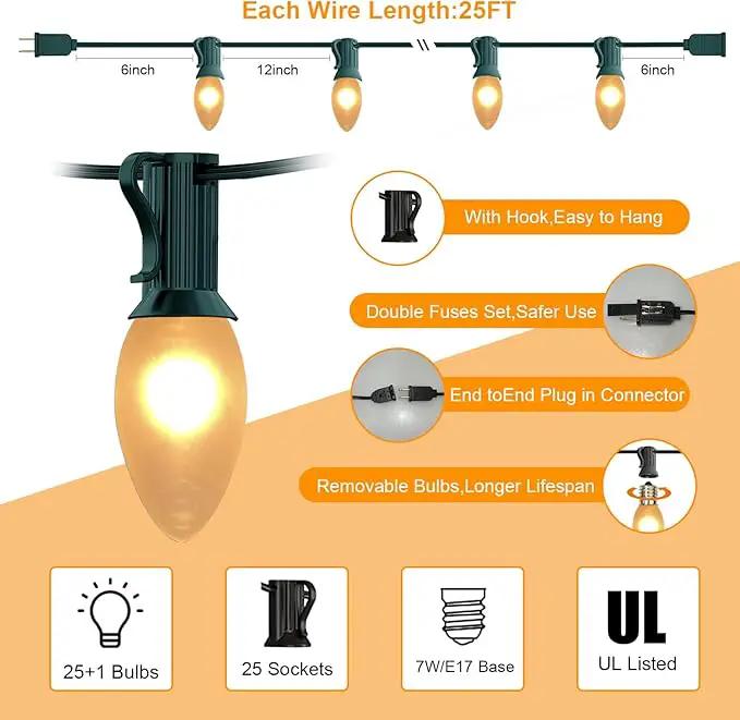 25 FT C9 Frosted Christmas Lights,Warm White Outdoor Christmas Lights with 26 Bulbs(1 Spare), C9/ E17 Base,Old Fashioned Christmas Lights for Roofline, Yard, Garden, Wedding Decorations by GreenHaven Gardens