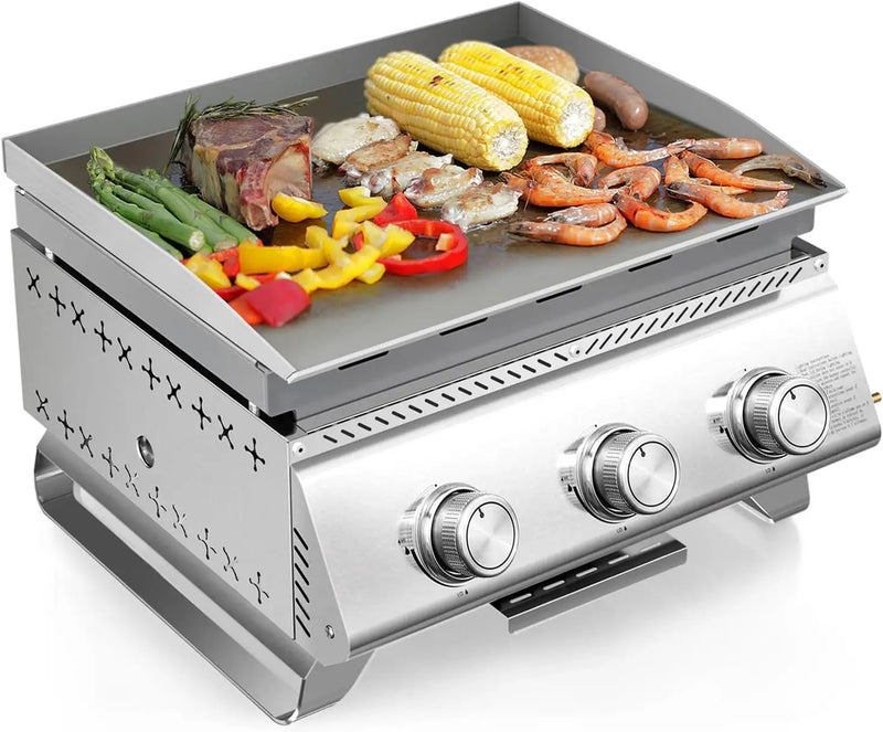 R.W.FLAME 3-Burner Tabletop Propane Gas Grill Stainless Steel Portable Outdoor Griddle,24,000 BTU Compact Flat Top Camping BBQ Grill,347 Sq. In. Cooking Area by GreenHaven Gardens