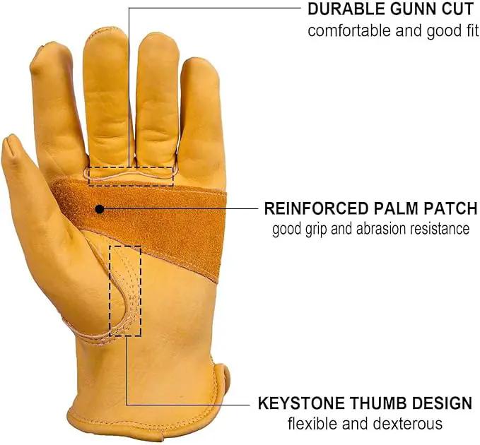 OZERO Flex Grip Leather Work Gloves Stretchable Wrist Tough Cowhide Working Glove 1 Pair (Gold, X-Large) by GreenHaven Gardens