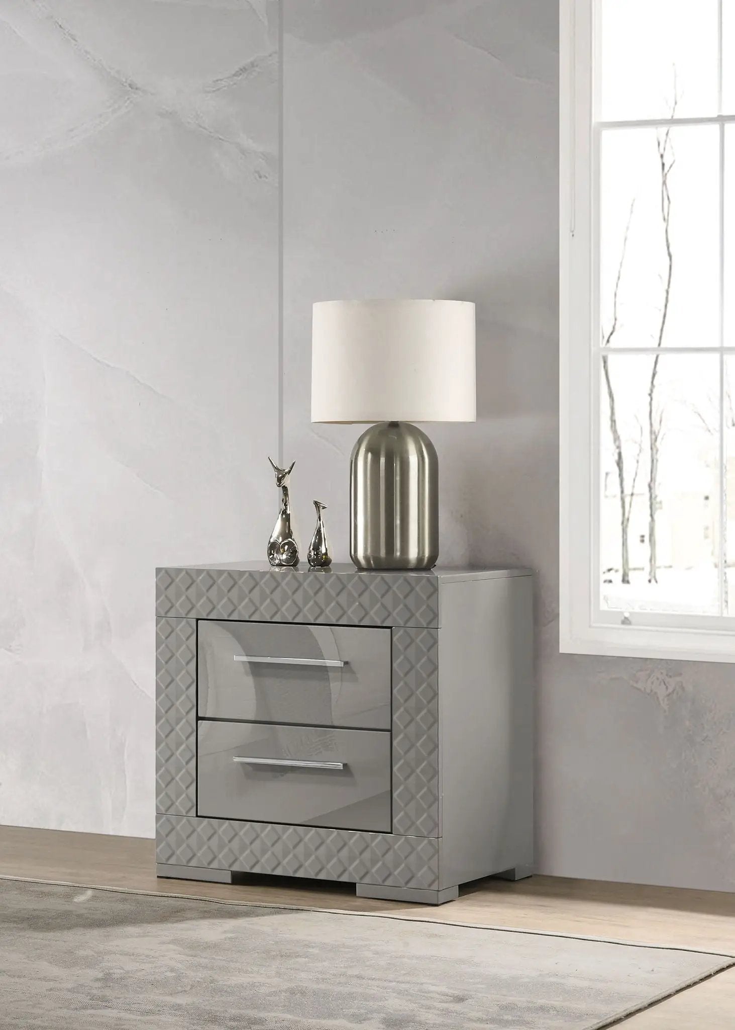 Ives 2-drawer Nightstand Bedside Table Grey High Gloss by Unique Piece Furniture