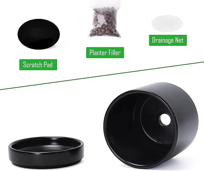 D'vine Dev 3.5 Inch & 4.7 Inch Ceramic Planter Pots for Plants with Drainage Hole and Saucer, X-Small Plant Pots Set, Black, 94-G-XS-2 by GreenHaven Gardens