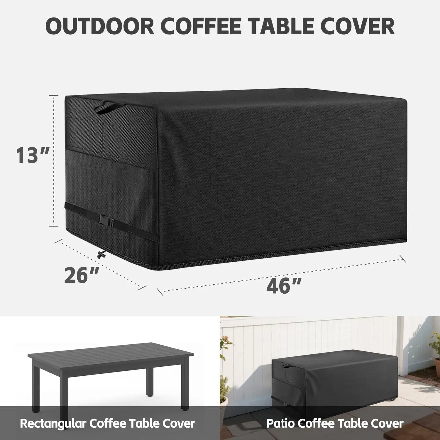 Patio Coffee Table Cover Black Heavy Duty Waterproof Cover 46" L x 26" W x 13" H for Rectangular Coffee Table by GreenHaven Gardens