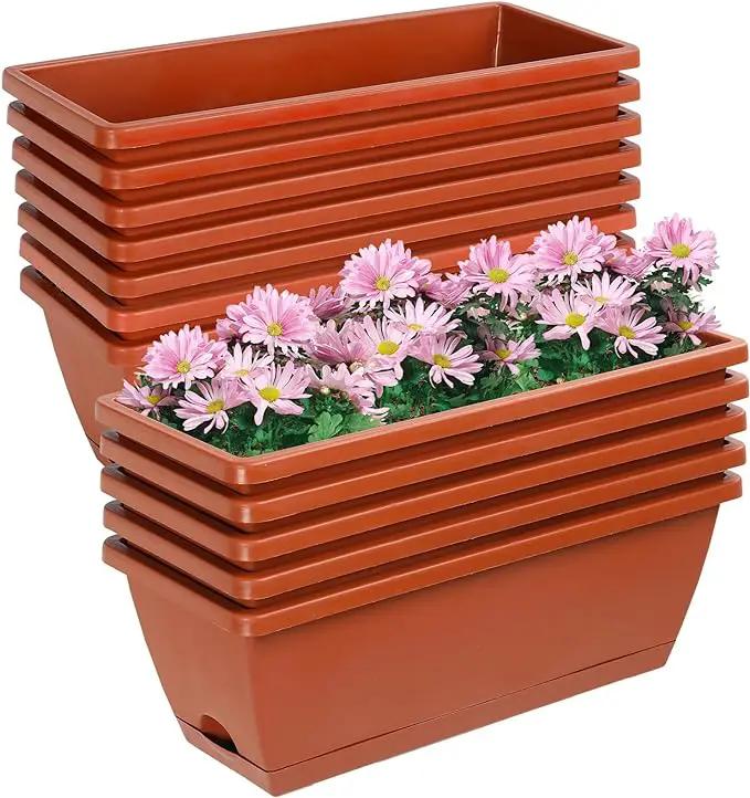 12Pcs 17Inches Rectangle Planter Box with Drainage Holes and Trays Plastic Planters Flower Boxes Pots for Indoor Outdoor Plants Patio Garden Home Decor Porch Yard (Red) by GreenHaven Gardens