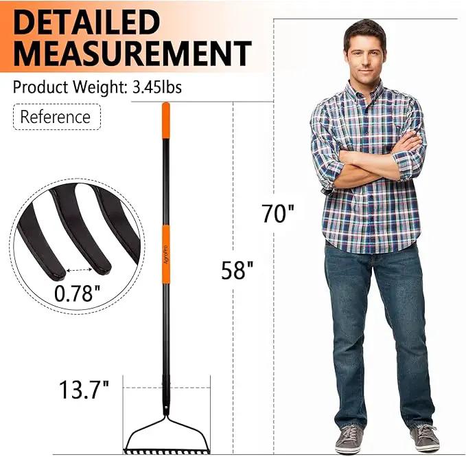 Garden Rake for Lawn Heavy Duty, 14 Tines Metal Rake with Thick Fiberglass Handle, 58 Inches by GreenHaven Gardens