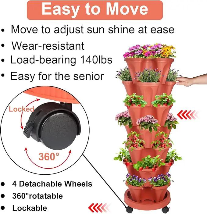 DUNCHATY Stackable Planters 7 Tier Vertical Garden Planting Tower Planters Strawberry, Herb, Flower, and Vegetable Planter Indoor Outdoor Gardening Pots with Removable Wheels and Tools by GreenHaven Gardens