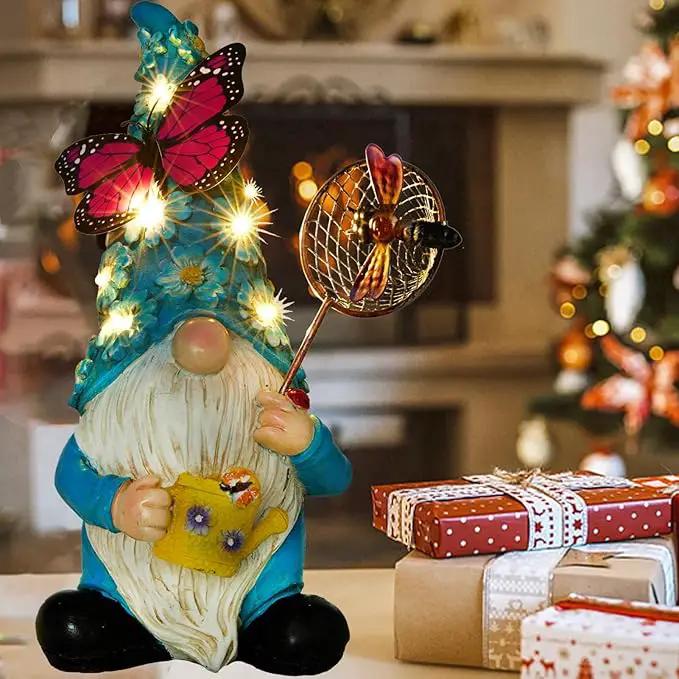 Garden Gnome Statues Outdoor Decor Solar Gnomes with Butterfly on LED Lighted Flowers, Resin Blue Gnomes Sculpture for Patio Yard Lawn Onament Decoration by GreenHaven Gardens