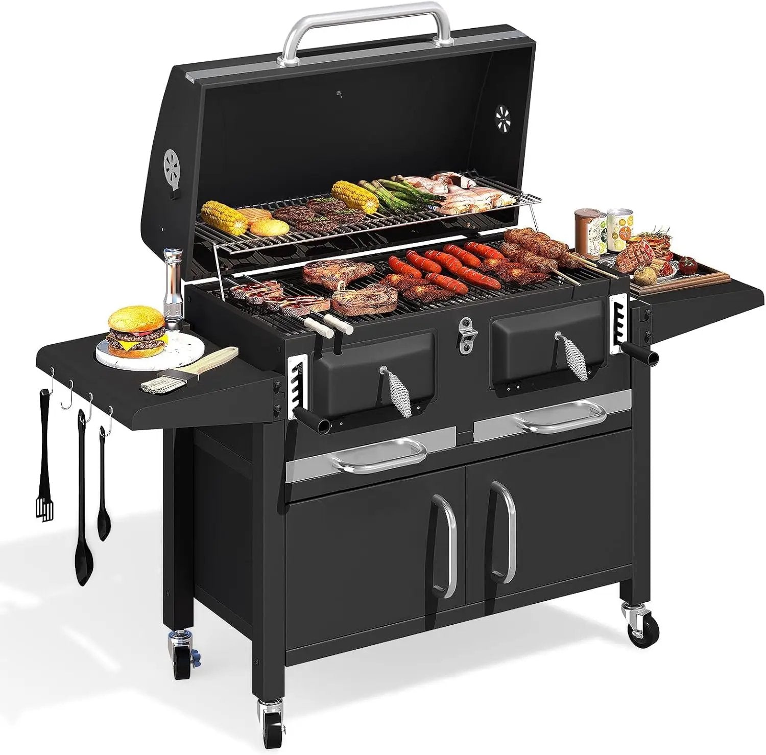 MELLCOM 36 In Extra Large Charcoal Grill - 620 Sq.In Oversized BBQ Area with Storage Cabinet & Individual Lifting Charcoal Trays, Thermometer and Foldable Side Tables for Outdoor by GreenHaven Gardens