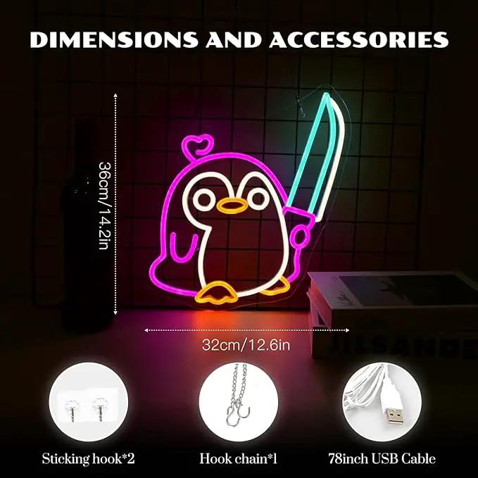 Penguin Neon Sign Dimmable Penguin Knife Neon Signs for Wall Decor LED USB Powered Cute Anime Neon Light Sign For Boys Bedroom Room Garden Party Restaurant Home Decoration Birthday Gifts by GreenHaven Gardens