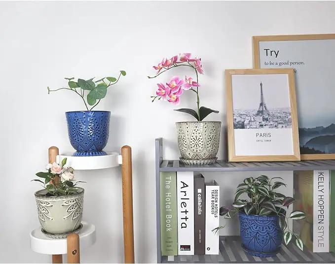 Gepege 6 Inch Beaded Ceramic Planter Set of 2 with Drainage Hole and Saucer for Plants, Indoor-Outdoor Large Round Succulent Orchid Flower Pot (Blue, for Inner-pots not Larger Than 5 Inch) by GreenHaven Gardens