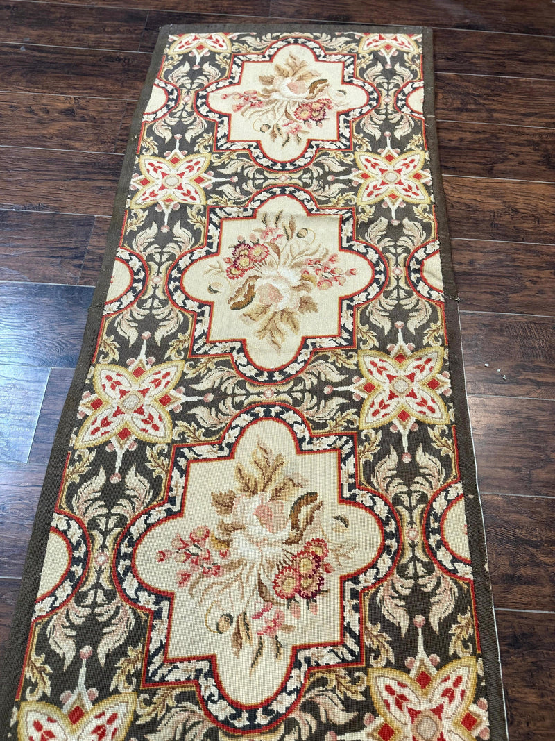 Needlepoint Runner Rug 2.7 x 9.7, European French Design, Wool, Handmade, Vintage by Jewel Rugs