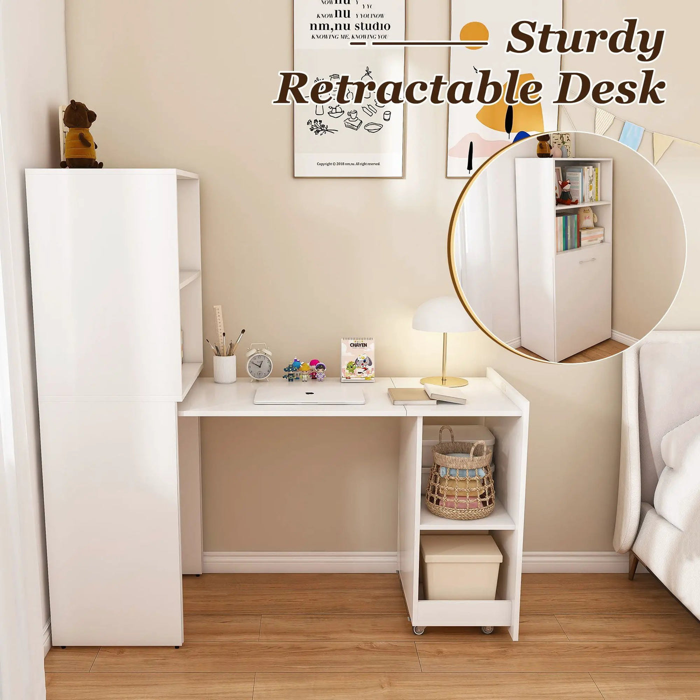 Stretchable Office Desk With Storage Shelves And Mobile Wheels by HouseOfZazla