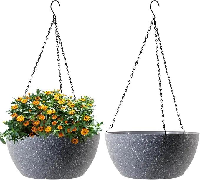 10 inch Hanging Planters for Outdoor Indoor Plants with Drainage Holes and Chain, 2 Pack Round Hanging Flower Plant Pots for Garden Home Porch Decor, Speckled Grey by GreenHaven Gardens