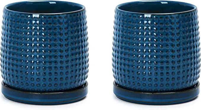 D'vine Dev Set of 2 Ceramic Plants Pots, 4 Inch Beaded Stoneware Flower Pot for Plants with Drainage Hole and Saucer, Midnight Blue, 27-E-Z-3 by GreenHaven Gardens