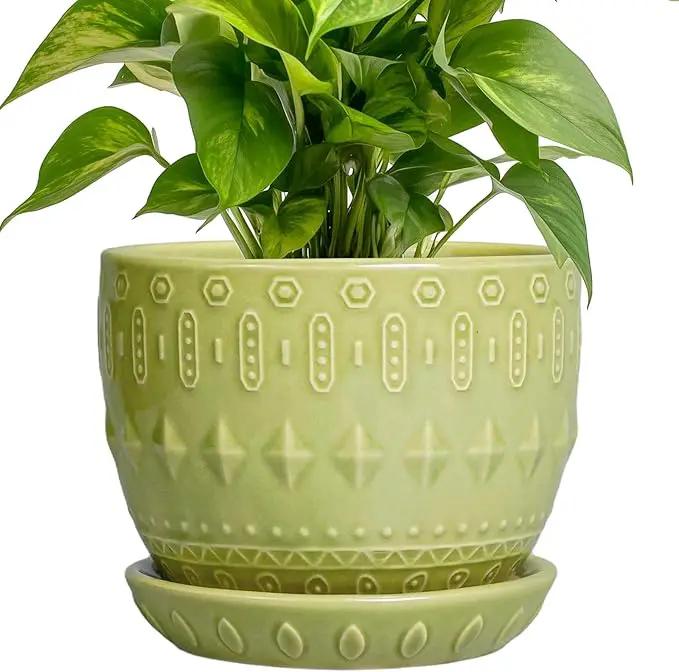 G EPGardening Ceramic Planter 5.5 Inch - Boho Plant Pot Indoor with Drainage Hole and Saucer, Round Flower Succulent Pot for Plants, Plant Lovers Gifts, Garden Office House Decor, Green by GreenHaven Gardens